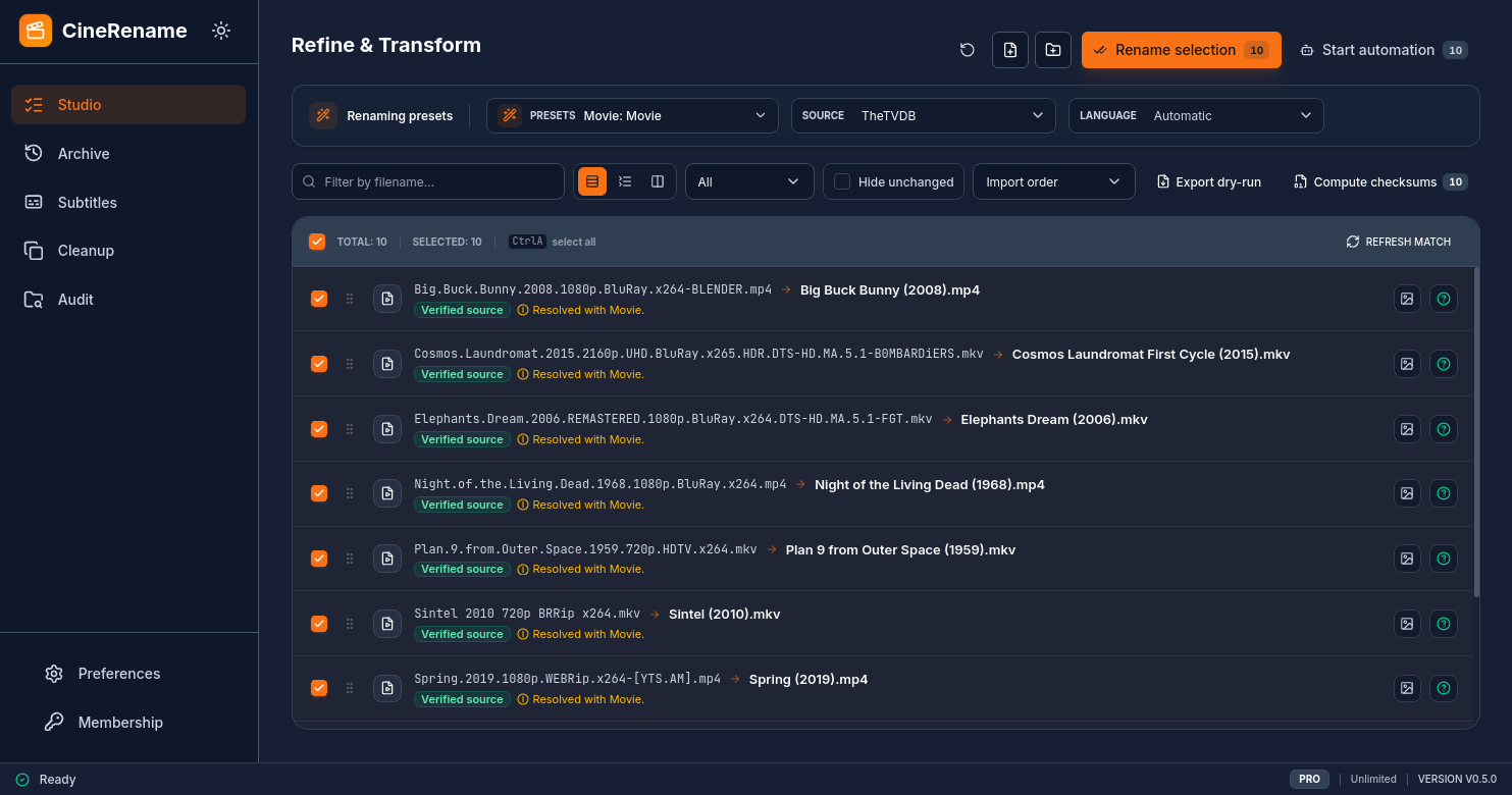 CineRename before/after rename preview with TheTVDB metadata