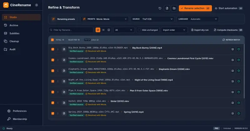 Vista previa de renombrado antes/después en CineRename con metadatos TheTVDB
